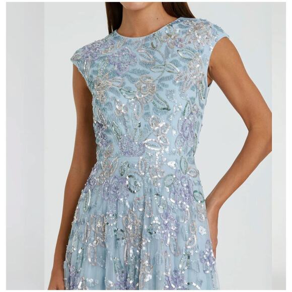 Mac Duggal Sequined High Neck Cap Sleeve A Line Gown Ice Blue Multi Size 12 NWT - Picture 3 of 13